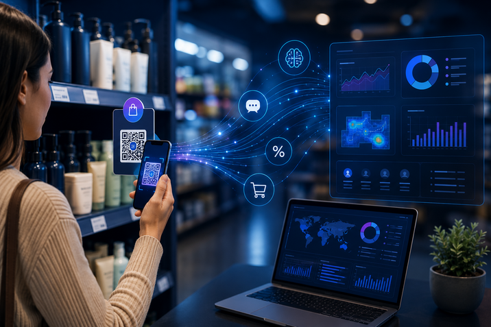 Customer scanning a QR code in a retail store while the AI-powered iNteract platform transforms engagement into actionable Retail Intelligence.