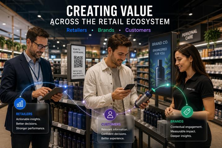 Retail store environment showing a business professional, a shopper using a phone, and a brand representative.